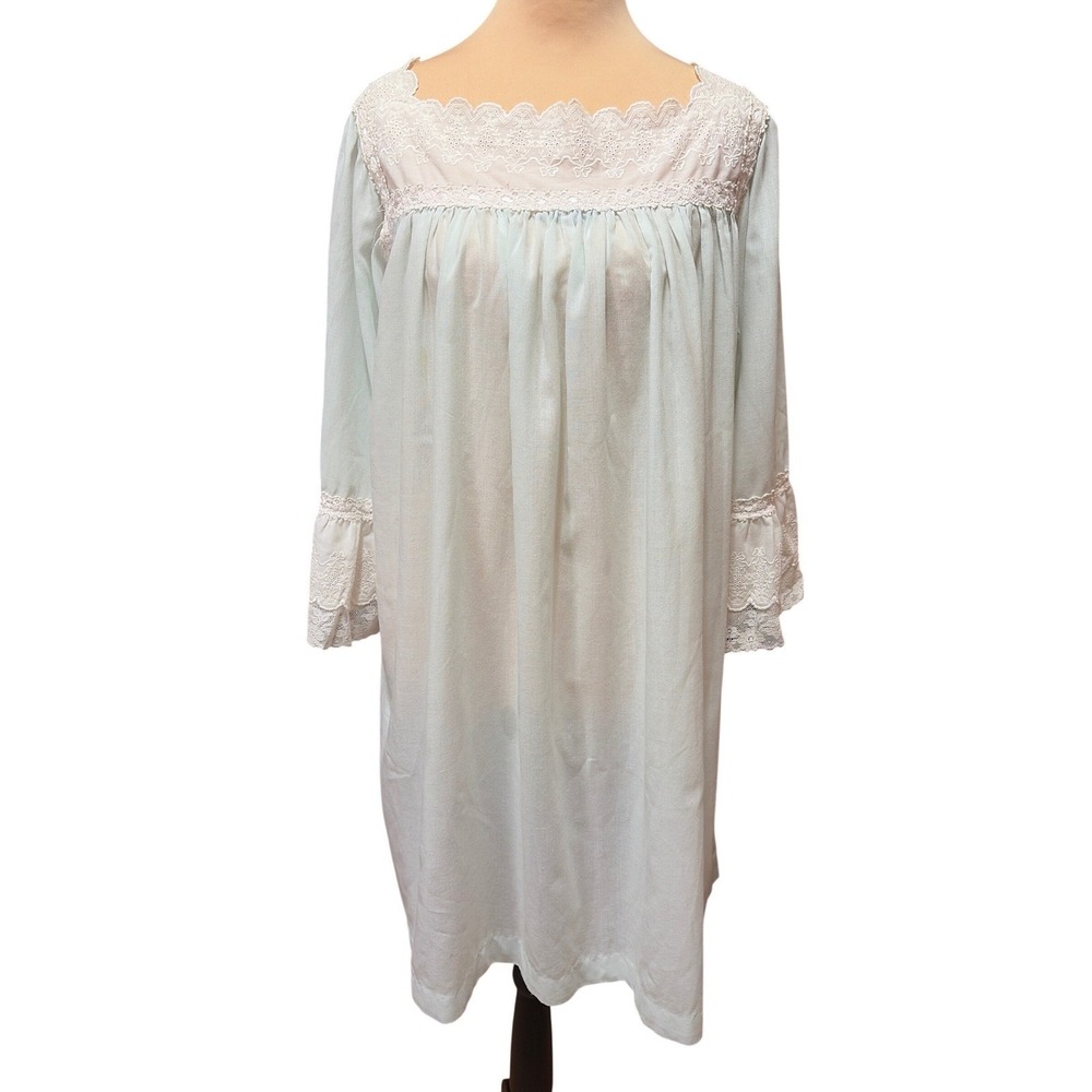 70s Christian Dior Lingerie Paris Pale Blue Eyelet Lace Ruffle Sleeve Nightgown